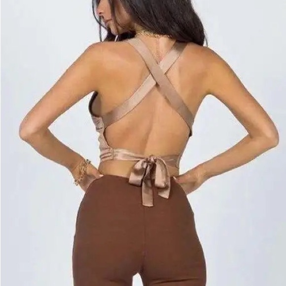 Princess Polly Silk Brown Nude Tie Crop Top Size 6 - Picture 2 of 3